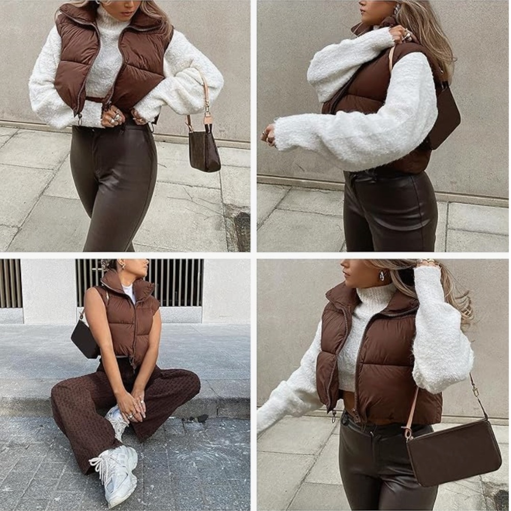 Women's Lightweight Winter Crop Puffer Vest Warm Sleeveless Zip Up Stand Collar
